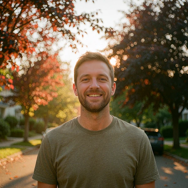 Bearded man in his early thirties on a tree-lined street, age-gap dating member photo, MatureSearch review
