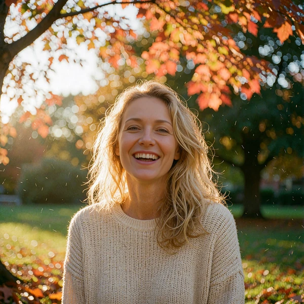 Blonde woman in her late twenties laughing in a leafy park, younger women seeking older men, MatureSearch review
