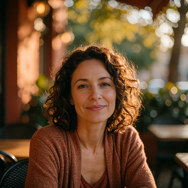 Confident curly-haired woman in her mid-forties at a cafe patio, mature women dating younger men, MatureSearch review