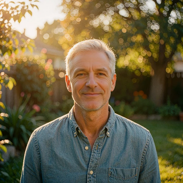 Silver-haired man in his fifties smiling in a sunny garden, mature dating over 50 member photo, MatureSearch review
